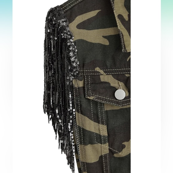 Women's Sequin Fringe Button Crop Camo Denim Sleeveless Jacket/Vest - Picture 3 of 5